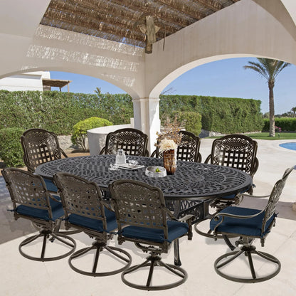 9-Piece Patio Cast Aluminum Dining Set, 8 Person Outdoor Dining Furniture Set, includes 84" Oval Table and 8 Swivel Dining Chairs with Umbrella Hole for Patio Deck Garden, Tan