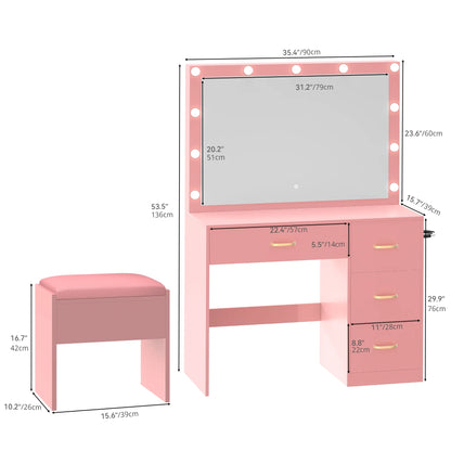 Dextrus Makeup Vanity Desk with Large Lighted Mirror and Storage - Enhance Your Beauty, Routine 4 Drawer Vanity Table with Cushioned Stool, Milky-White