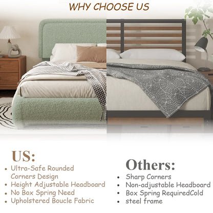 VIPLOV King Size Boucle Bed Frame, Cloud Upholstered Platform Bed with Height Adjustable Headboard & Soft Rounded Corners, No Noise Free, Easy Assembly,Beige