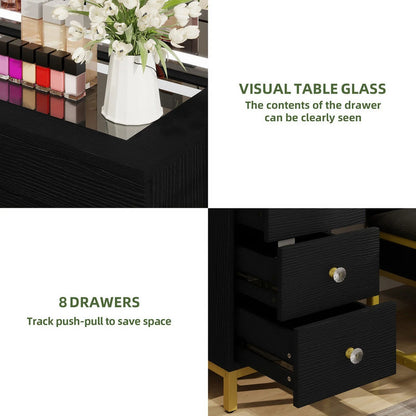 Uforic 55" Vanity Desk with Lighted Mirror & Power Outlet & 8 Drawers, Modern Makeup Vanity Table Set with Storage Stool, White