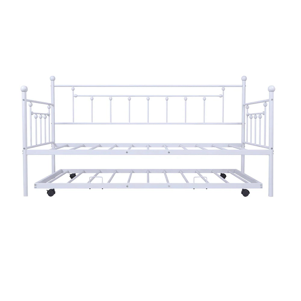BTMWAY Twin Daybed with Trundle Included, Metal Daybed Frame with Pull Out Trundle Bed, No Box Spring Needed, Twin Size Daybed Sofa Bed for Kid's Room Bedroom, Each Bed Holds 400lb, White