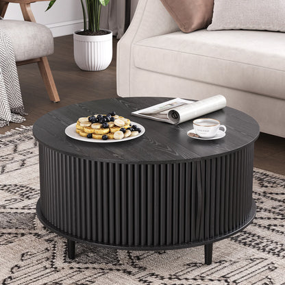 JOINICE Round Coffee Table with Storage and Sliding Door,Mid Century Modern Wooden Center Table,for Living Room,Walnut