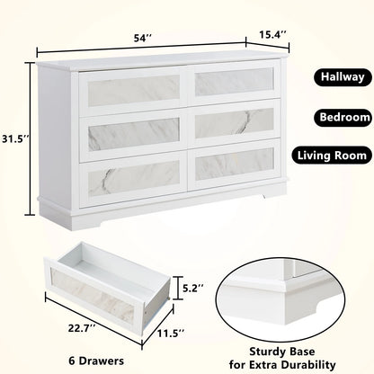 LUXOAK High-Gloss 6 Drawer Dresser, 54" Marble Chest of Drawers, Modern, White