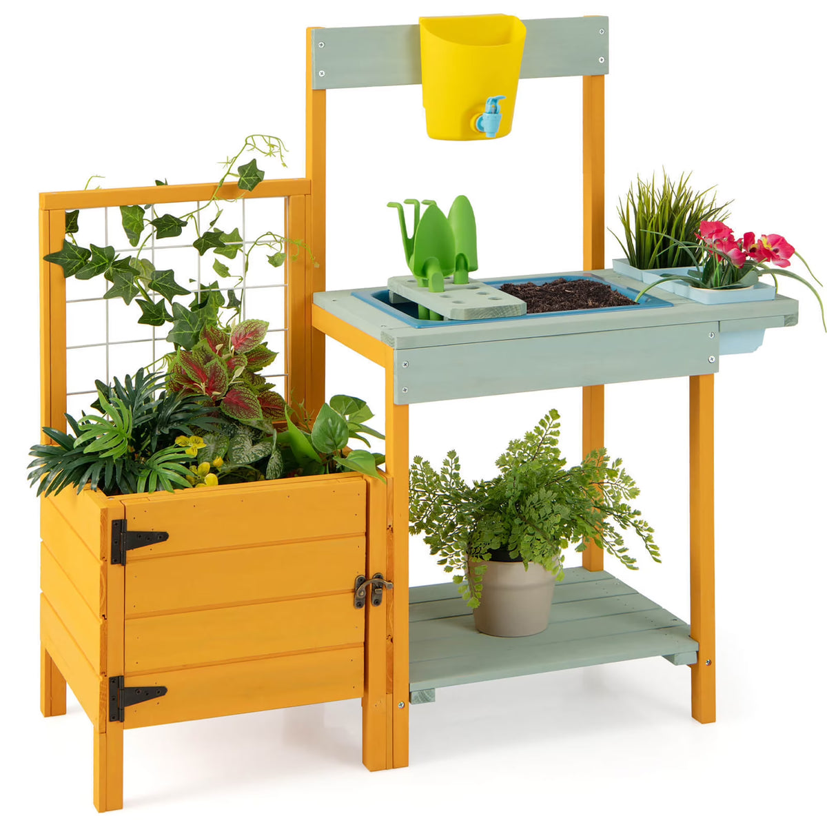 Gymax Wooden Potting Bench for Kids w/ See-Through Window Planter Box Garden Trellis