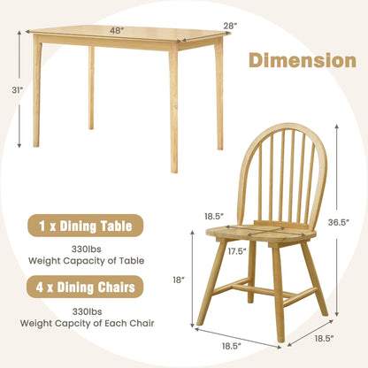 Gymax 5 PCS Wooden Dining Table Set 48'' Rectangular Kitchen Table & 4 Windsor Chairs