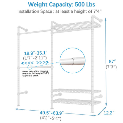 Timate F2 Industrial Pipe Clothes Rack Wall Mounted Clothing Rack for Hanging Clothes,Black