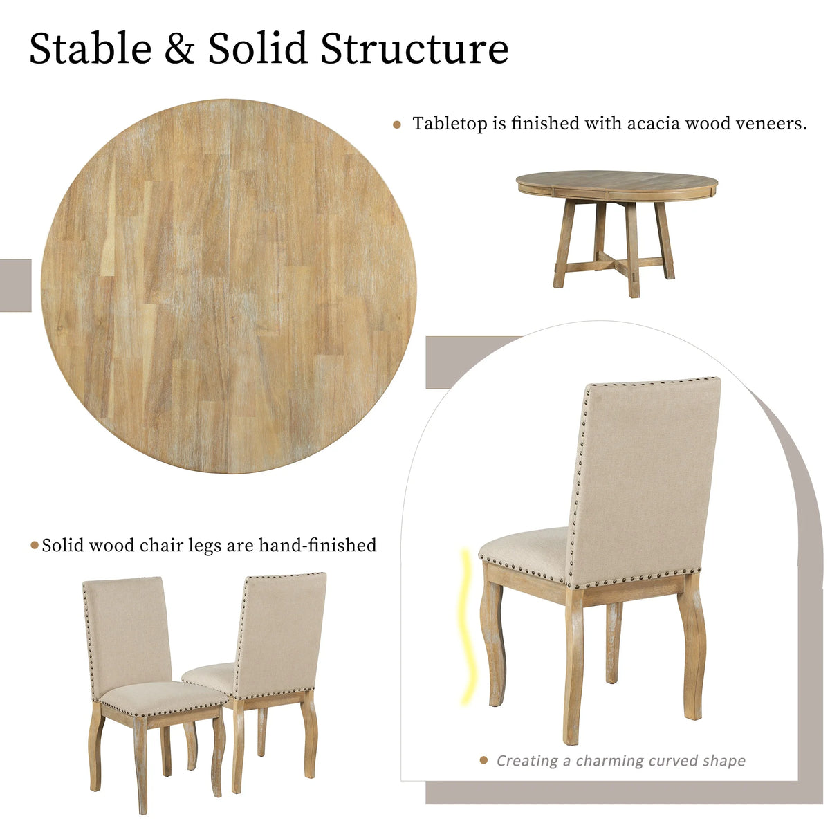 Bellemave 5-Piece Round Dining Table Set, Wood Farmhouse Extendable Dining Table and 4 Upholstered Dining Chairs, Kitchen Dining Table Set for 4 Antique White