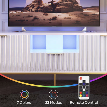 Bestier 55" LED TV Stand for TVs up to 60" Modern High Gloss Entertainment Center with Drawers Cabinets Fluted TV Console, White & Gold
