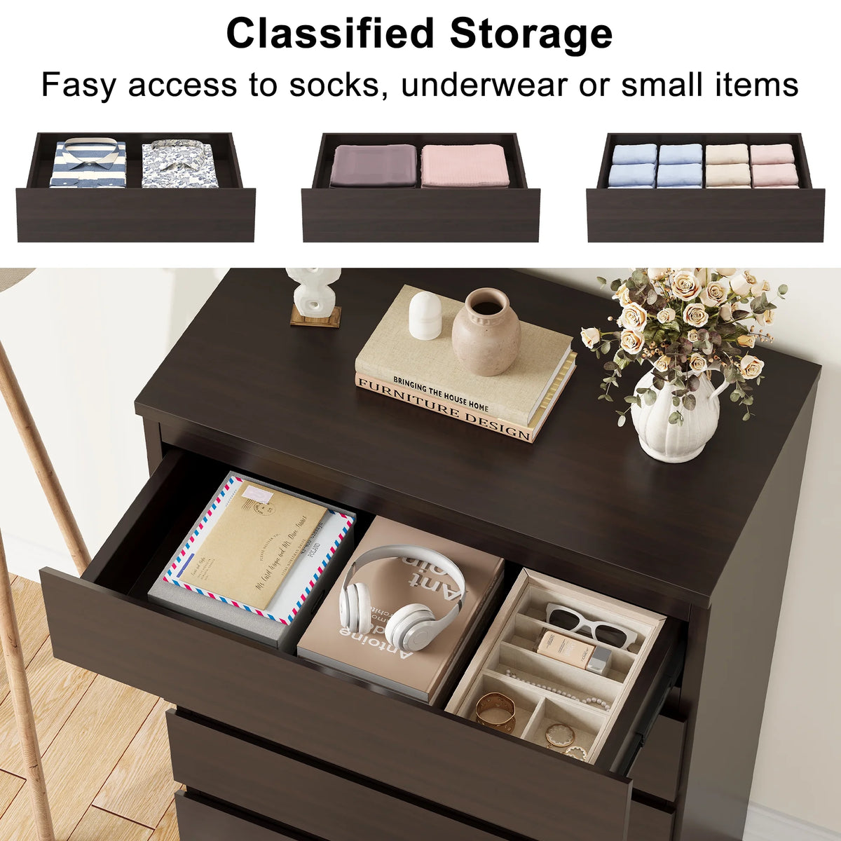LAFGUR 6 Drawer Double Dresser,Wood Storage Organizer Cabinet Chest for Bedroom Living Room,White