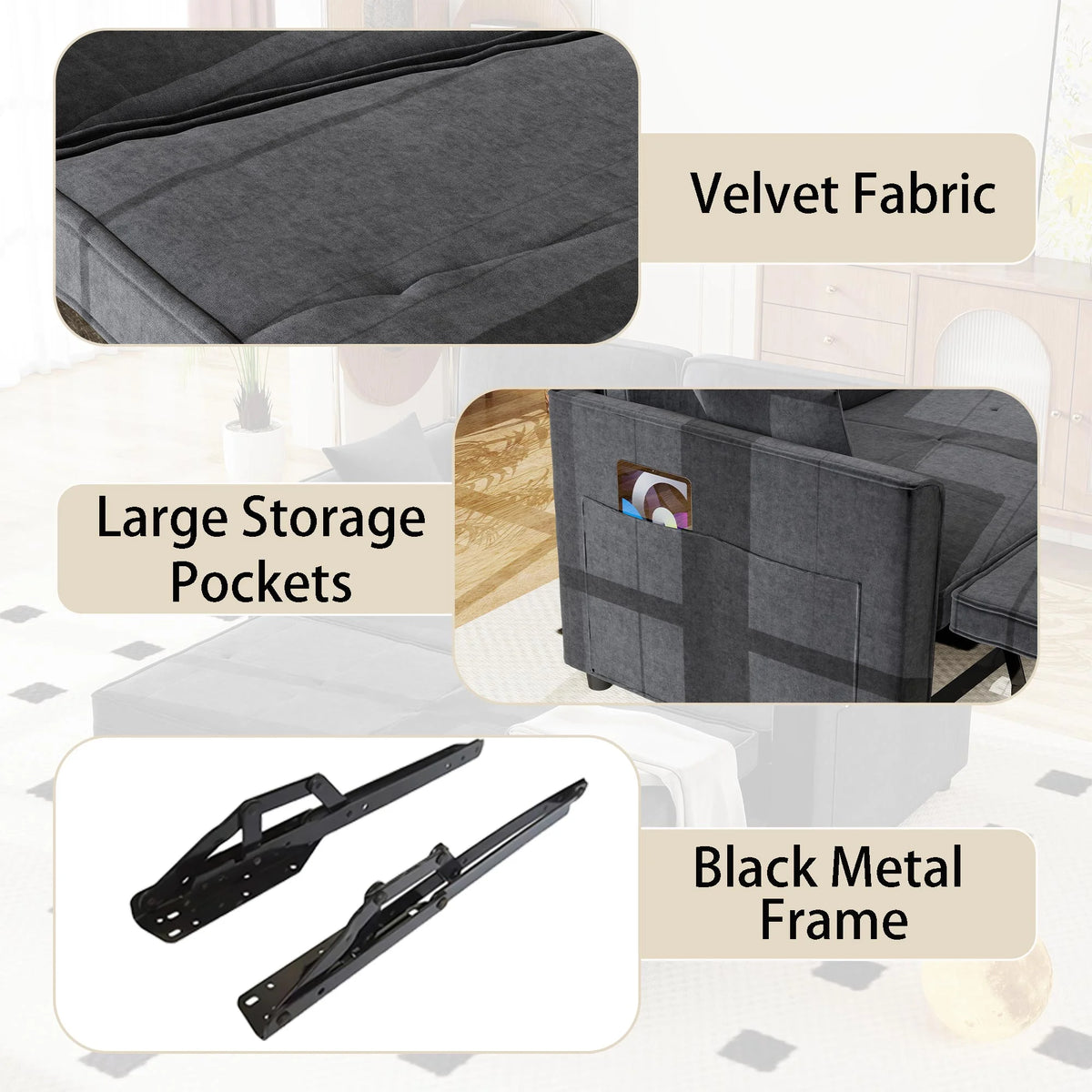 Convertible Sofa Bed,3-in-1 Sleeper Sofa with Pull Out Bed,Sleeper Futon Couch Loveseat with Adjsutable Backrest and Pillows for Living Room,Gray