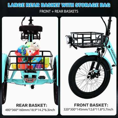 MOONCOOL TK1 Folding Electric Tricycle for Adults,48V 14.5Ah Removable battery, 500W（Peak 1000w）Motor, 20" Fat Tire Step-Thru 3Wheel Electric Bicycle w/Front&Rear Baskets, Certified to UL 2849 by SGS