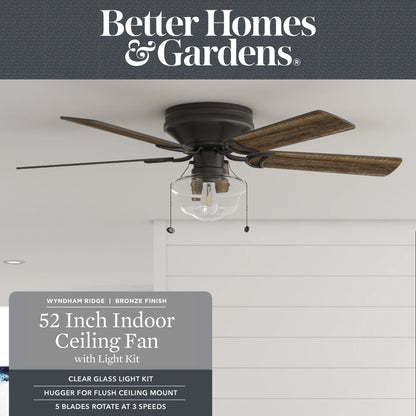 Better Homes & Gardens Wyndham 52" Bronze Ceiling Fan with Light, 5 Blades, Pull Chains & Reverse Airflow