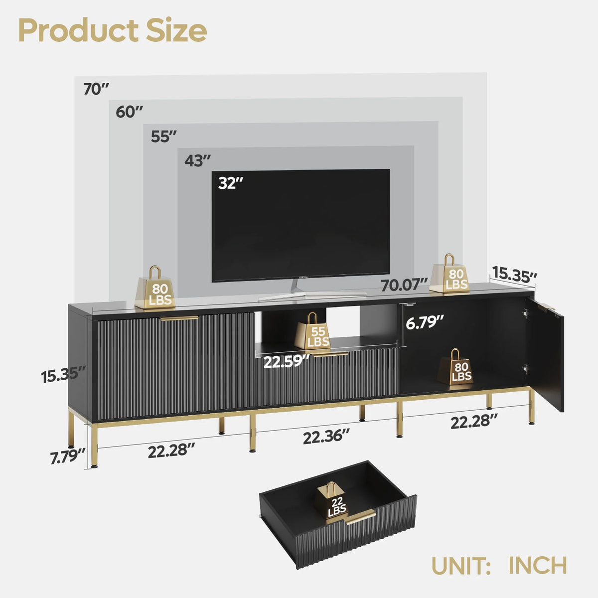 Bestier 55" LED TV Stand for TVs up to 60" Modern High Gloss Entertainment Center with Drawers Cabinets Fluted TV Console, White & Gold