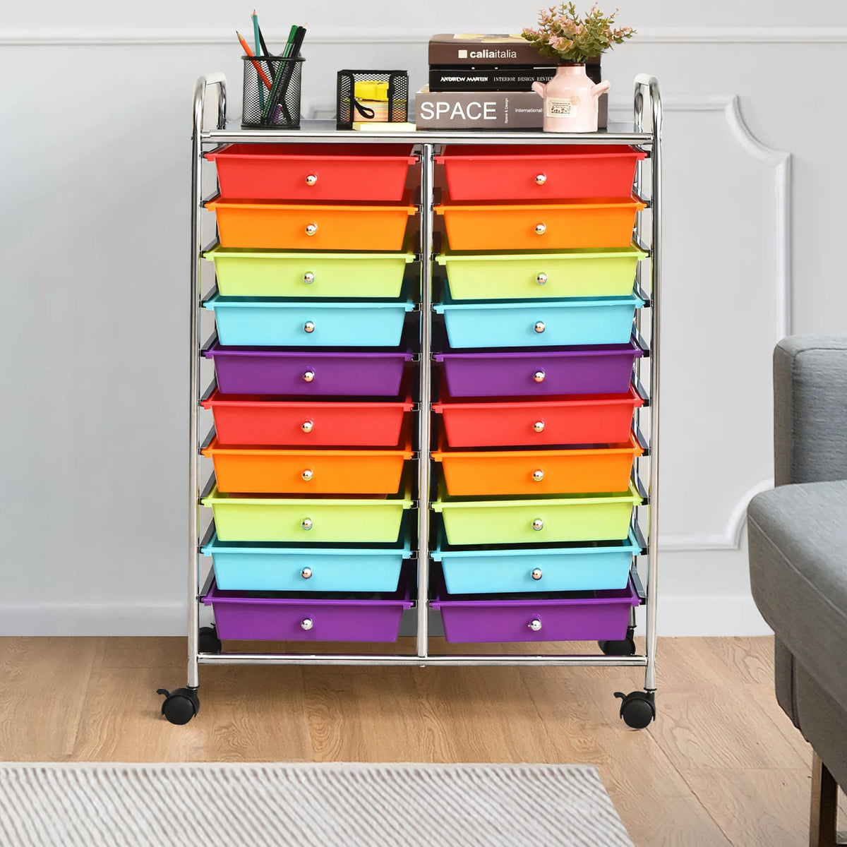 Costway 20 Drawer Rolling Storage Cart Tools Scrapbook Paper Office School Organizer Yellow