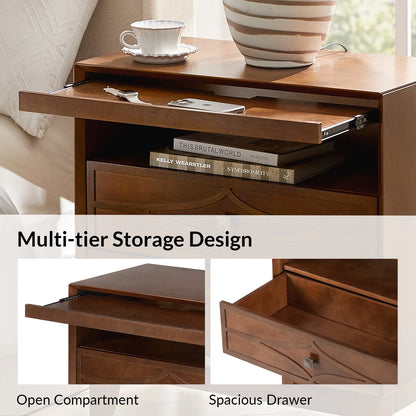 3-Drawer Modern Nightstand with Open Compartment Charging Station Metal Knob for Bedroom Walnut