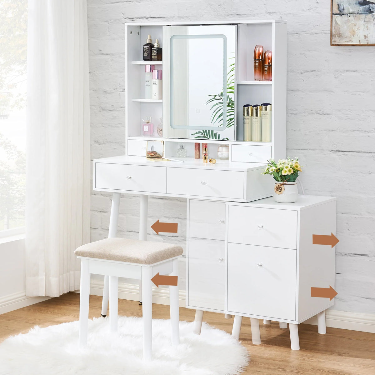 BEWISHOME Vanity Desk, White Vanity with Charging Station & Nightstand, Makeup Desk Makeup Vanity with Lights with 3 Colors Modes, Makeup Table Vanity Table with Sliding Mirror Dressing Table FST19W