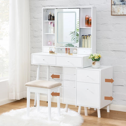 BEWISHOME Vanity Desk, White Vanity with Charging Station & Nightstand, Makeup Desk Makeup Vanity with Lights with 3 Colors Modes, Makeup Table Vanity Table with Sliding Mirror Dressing Table FST19W