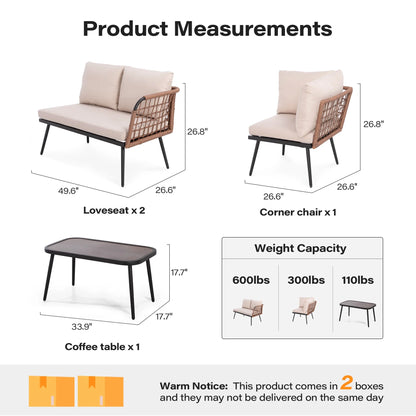 LAUSAINT HOME 4 Pieces Outdoor Conversation Sets, Patio Metal Frame Sofa with Wood Loveseat and Coffee Table, Beige Cushions