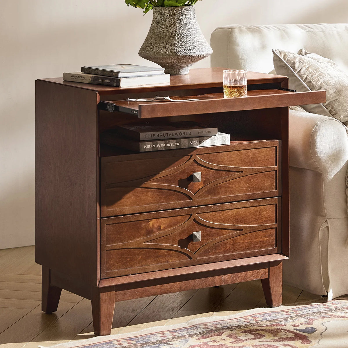 3-Drawer Modern Nightstand with Open Compartment Charging Station Metal Knob for Bedroom Walnut