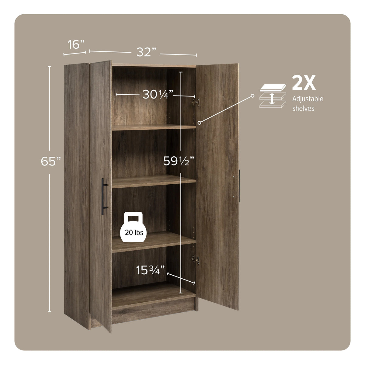 Prepac Adjustable Shelves Cabinet - Functional Tall Garage Table, 16"D x 32"W x 65"H Freestanding Garage Cabinet with 2-Doors, Light Gray - GES-3264