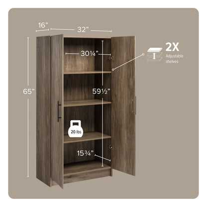 Prepac Adjustable Shelves Cabinet - Functional Tall Garage Table, 16"D x 32"W x 65"H Freestanding Garage Cabinet with 2-Doors, Light Gray - GES-3264