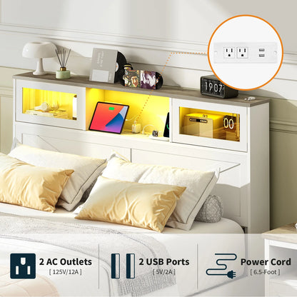 Full Size Bed Frame with Headboard, Full Bed Frame with Charging Station, LED Beds with 2 Storage Drawers,  Wood Farmhouse Bedframe, White