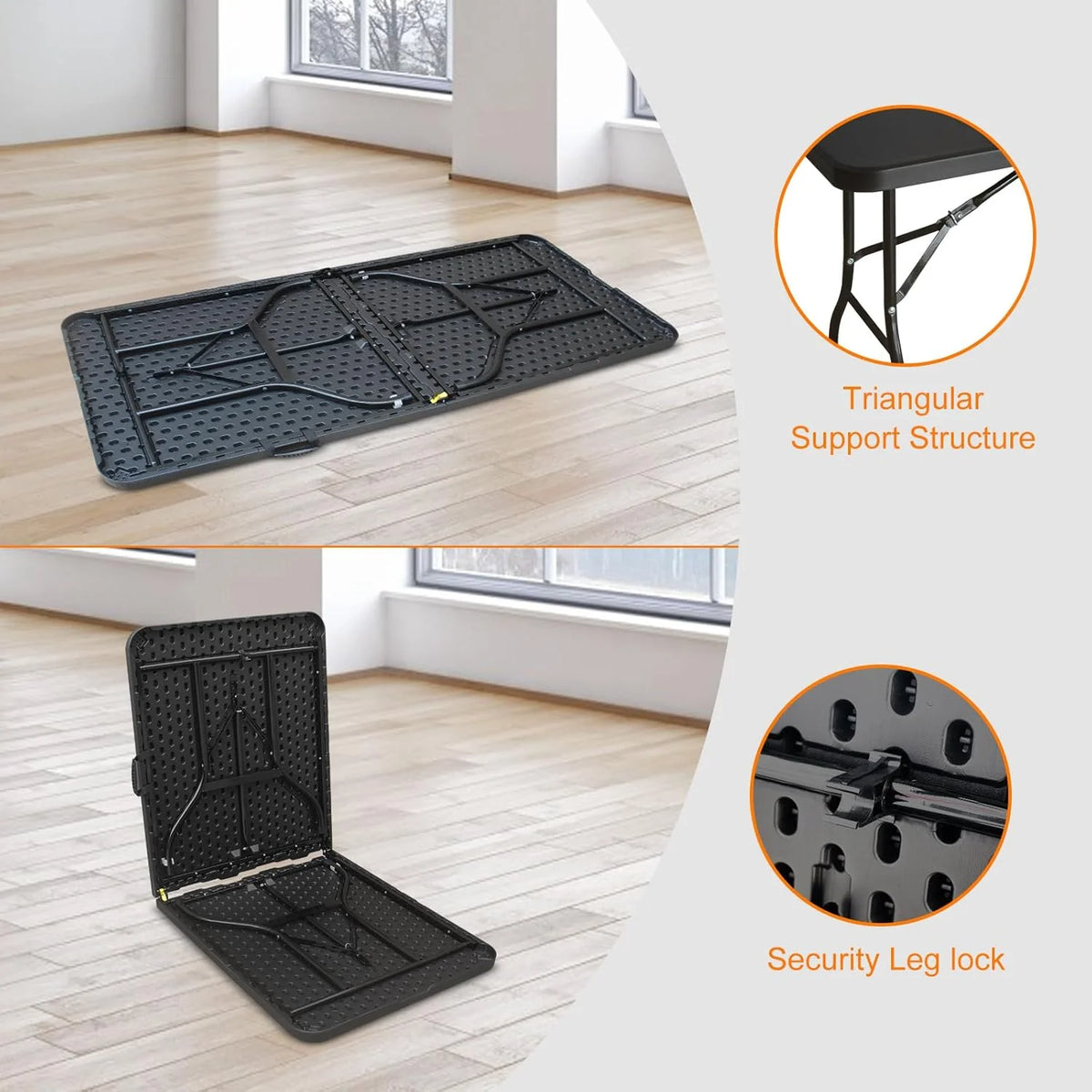 Folding Table with Carry Handle, Portable Fold-in-Half Plastic Table, Rectangle Foldable Table for Indoor