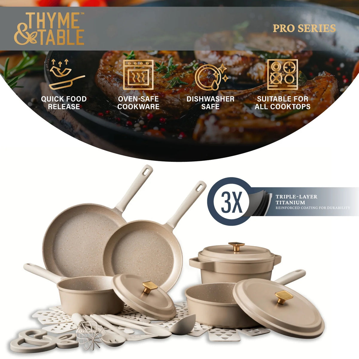 Thyme & Table 18-Piece Non-stick Diecast Cookware & Silicone Utensil Set, Pots and Pans Set - Atlantic Blue