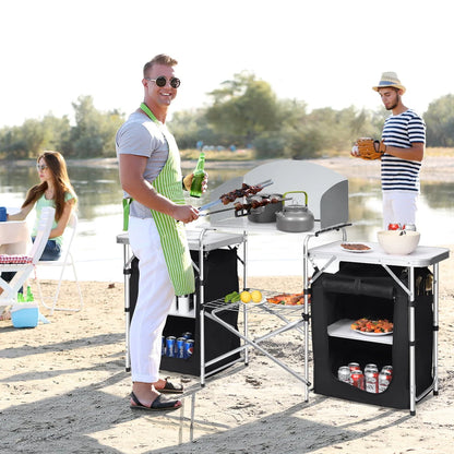 Goplus Folding Portable Aluminum Camping Grill Table w/ Storage Organizer Windscreen Black