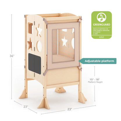 Guidecraft Classic Kitchen Helper Kids' Step Stool - Natural: Foldable and Adjustable Wooden Toddler Tower for Learning with Keeper