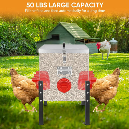 50LB Large Automatic Chicken Feeder 8 Feeding Ports, No-Waste Poultry Feeder, with Adjustable Legs & Locking Lid