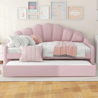 EUROCO Upholstery Full Size Platform Bed, Upholstered Daybed with Headboard and Trundle, Beige