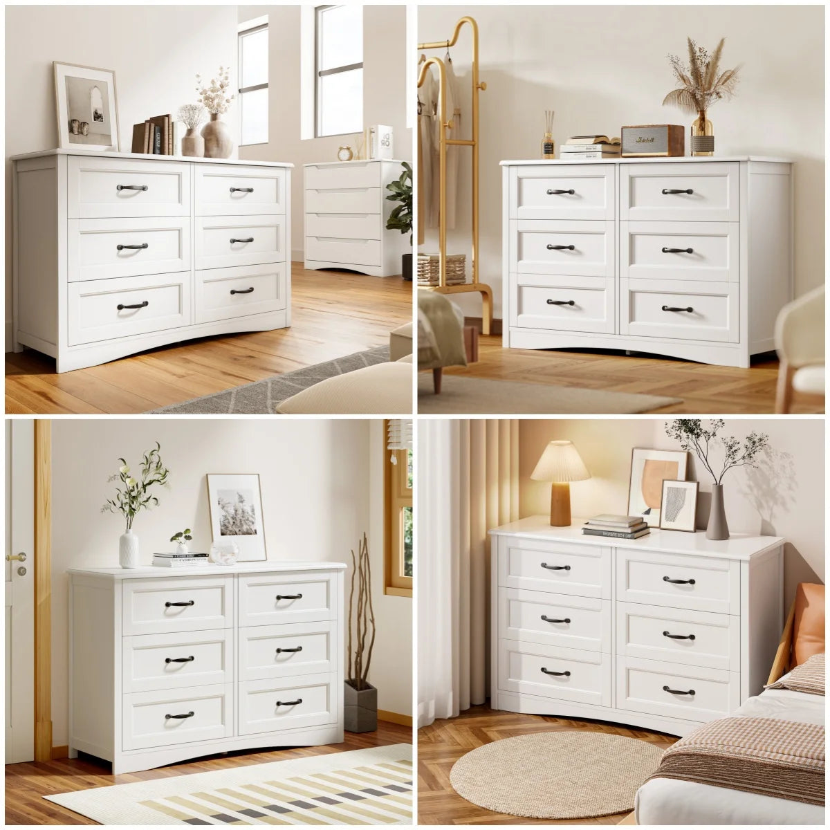 Lofka 3 Piece Nightstands and Dressers Sets , 6 Drawer Dresser & 4 Drawers Nightstand set of 2,Modern Engineered Wood ,White