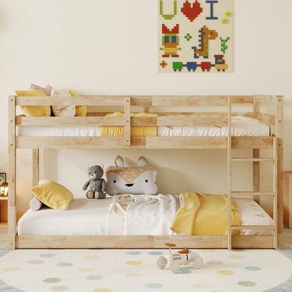 SESSLIFE Bunk Bed Twin Over Twin, Low Floor Bunk Bed with Guard Rails for Dorm, Small Space, No Box Spring Needed(White)