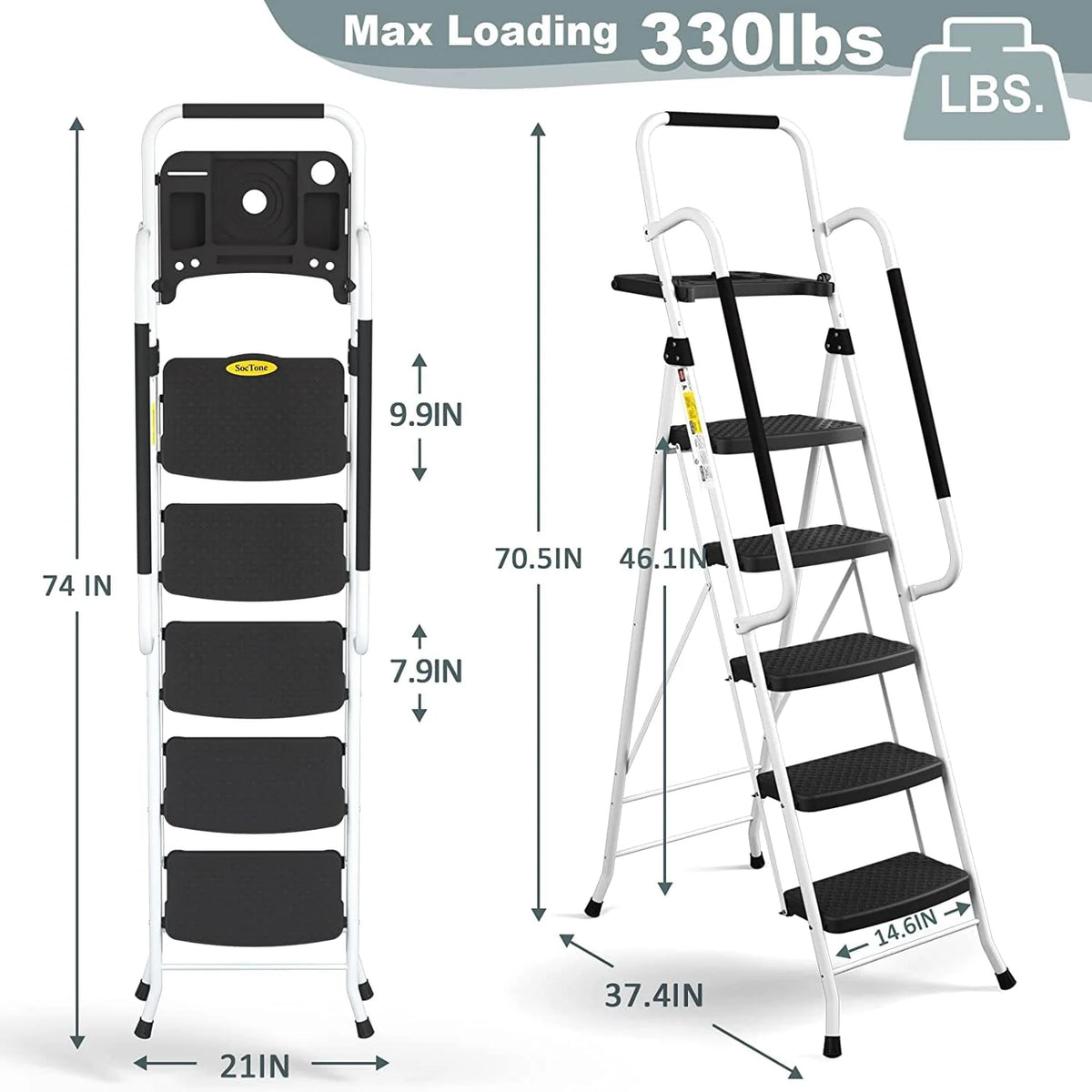 HBTower Folding 5-Step Ladder, 330lbs, with Handrails and Tool Tray and Anti-Slip Pedal, White