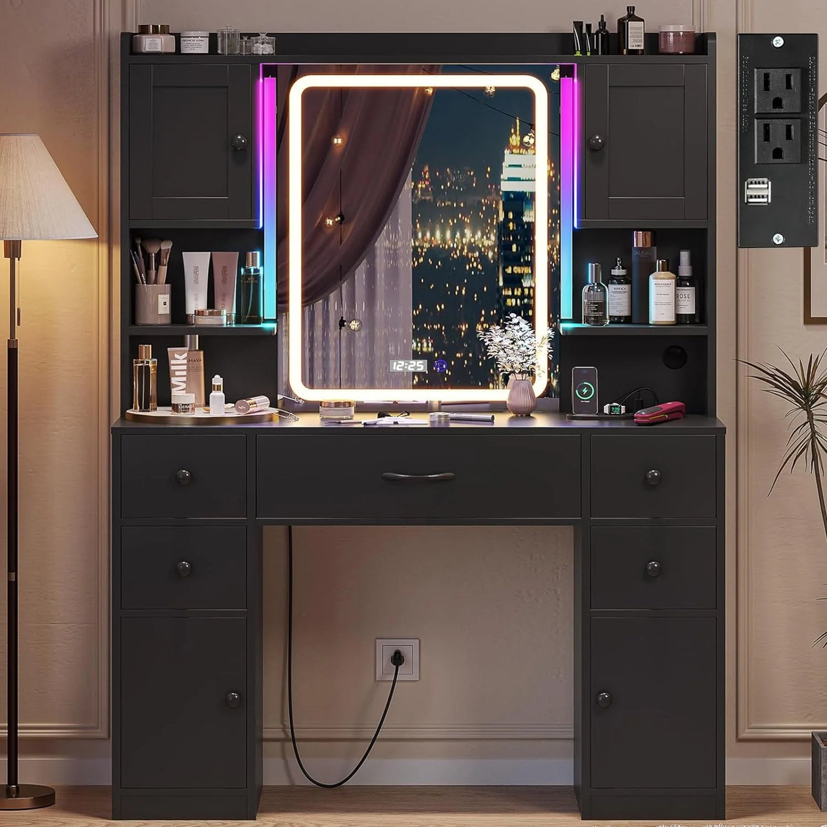 Tiptiper Large Vanity Desk with Lighted Mirror, 5 Drawers Makeup Vanity with Charging Station and Smart Mirror, Time Temperature Display, White