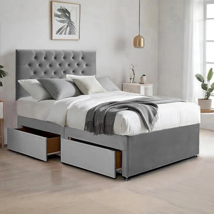 Suede Divan Bed & Mattress Set with 26''Chesterfield Headboard & 10'' Coilspring Foam Mattress, 2 Storage Drawers - Divan Beds