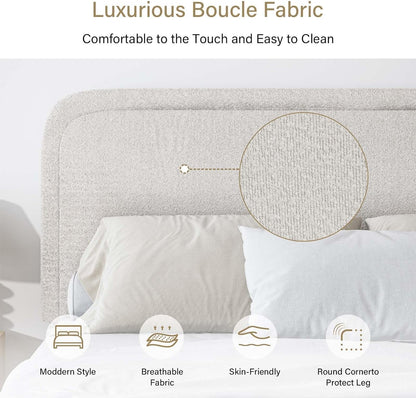 4 EVER WINNER Twin Size Bed Frame, Modern Bed Frame with Headboard, Boucle Fabric Upholstered Bed Frame, Soft Curved Headboard, Cream