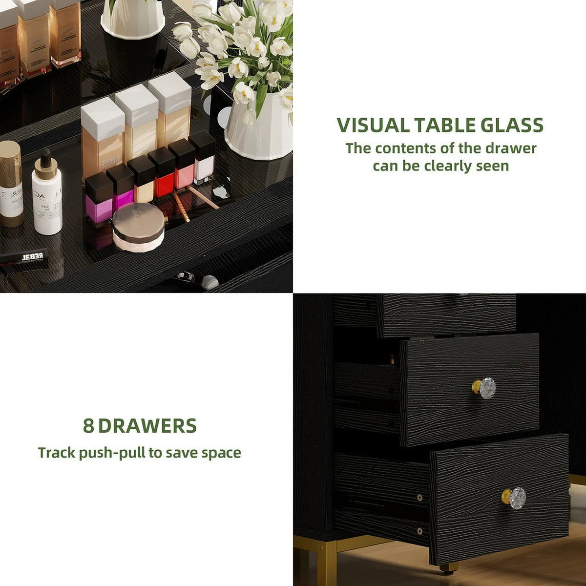 Uforic 55" Vanity Desk with Lighted Mirror & Power Outlet & 8 Drawers, Modern Makeup Vanity Table Set with Storage Stool, White