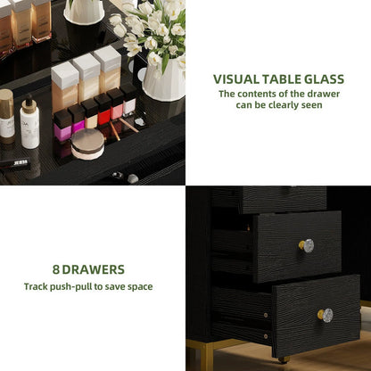 Uforic 55" Vanity Desk with Lighted Mirror & Power Outlet & 8 Drawers, Modern Makeup Vanity Table Set with Storage Stool, White
