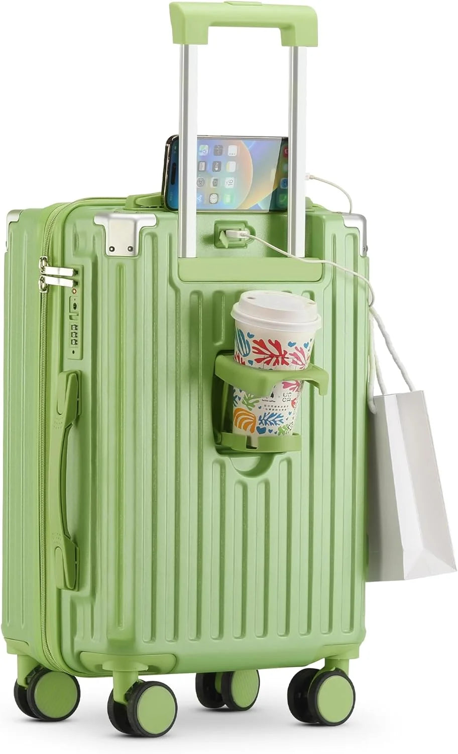 20 Inch Carry On Luggage With Cup Holder & USB Port, Airline Approved TSA-locked Luggage, Lightweight PC Material Travel Suitcase With 360 Spinner Wheel