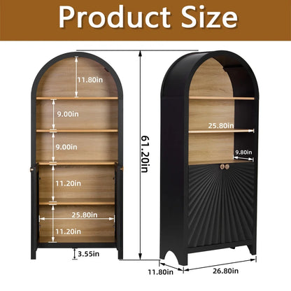 MIDOQIN 5-Tier Black Arched Bookshelf, 61" Tall Arched Bookcase with Storage Shelves and Door