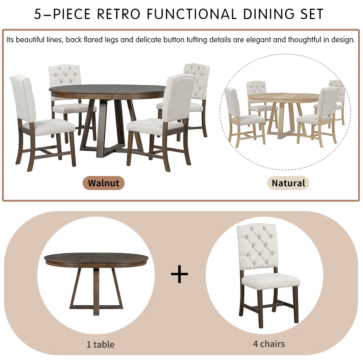 5 Piece Round Dining Table Set, Dining Room Set with Extendable Table and 4 Upholstered Chairs, Wood Dining Table Set for 4, Farmhouse Dining Table Set for Kitchen Dining Room Dorm Apartment, Brown