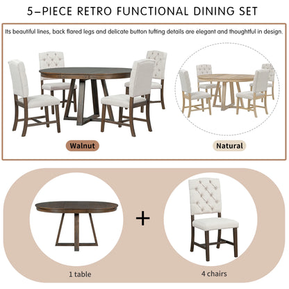 5 Piece Round Dining Table Set, Dining Room Set with Extendable Table and 4 Upholstered Chairs, Wood Dining Table Set for 4, Farmhouse Dining Table Set for Kitchen Dining Room Dorm Apartment, Brown