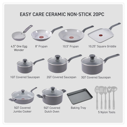 T-fal Easy Care Ceramic, 20 Piece Pots and Pans Cookware Set, Electric Blue