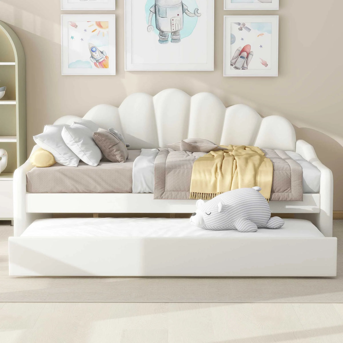 EUROCO Upholstery Full Size Platform Bed, Upholstered Daybed with Headboard and Trundle, Beige