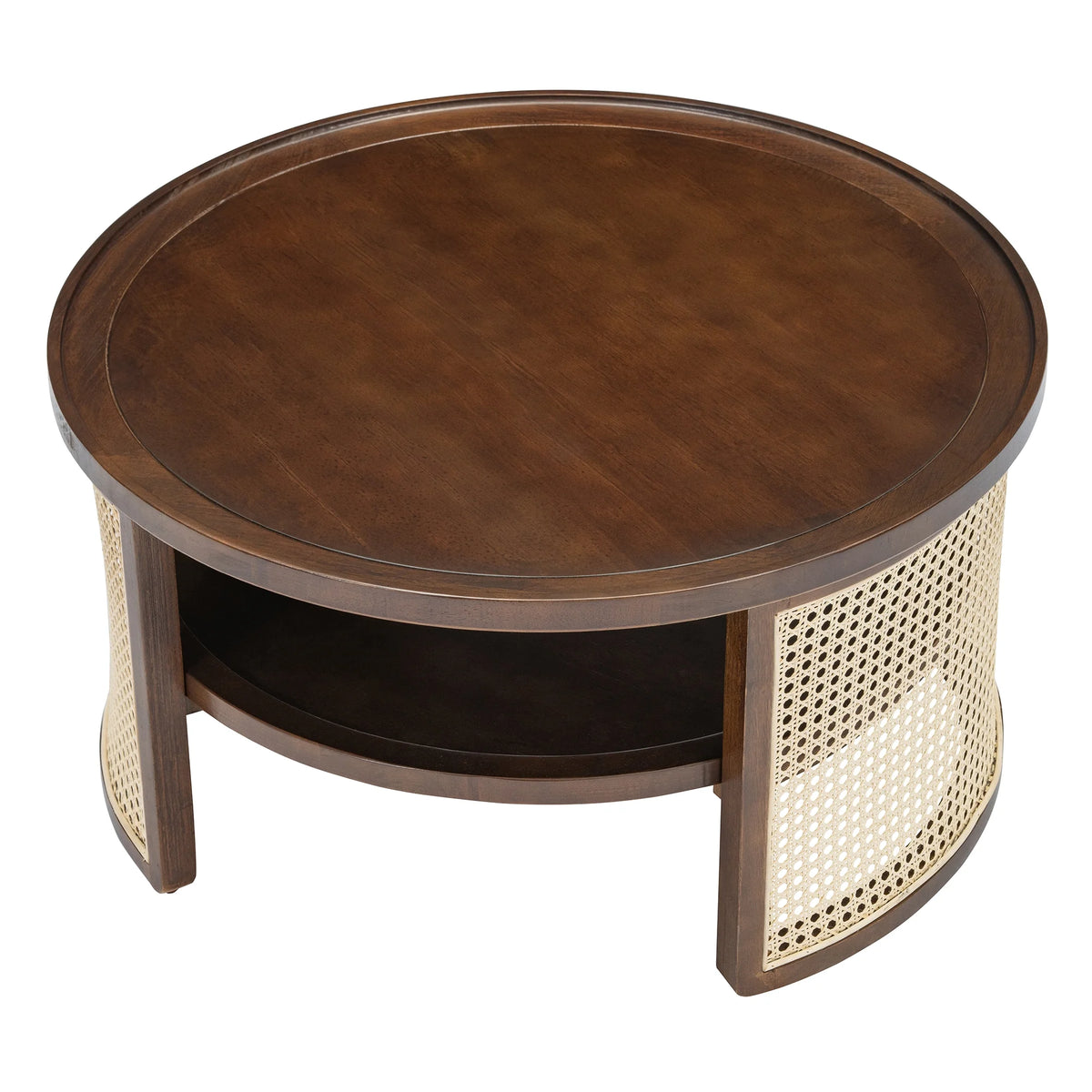 Harper & Bright Designs Rattan Round Coffee Table with Storage Shelf, Round Cane Wood Center Table for Living Room, 37'' Brown