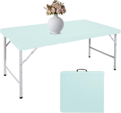 Folding Table with Carry Handle, Portable Fold-in-Half Plastic Table, Rectangle Foldable Table for Indoor