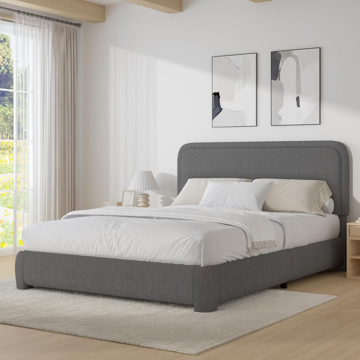 4 EVER WINNER Twin Size Bed Frame, Modern Bed Frame with Headboard, Boucle Fabric Upholstered Bed Frame, Soft Curved Headboard, Cream
