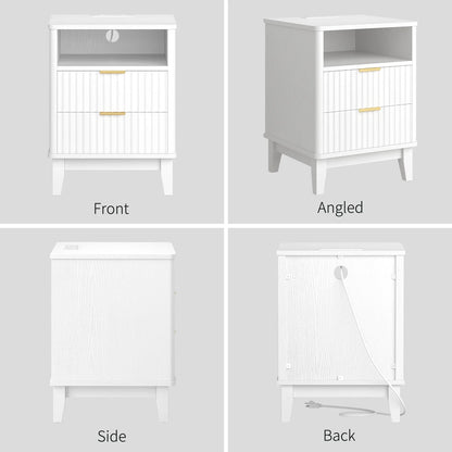 Night Stand with Charger Station, Fluted Nightstand with 2 Drawers and Storage Shelf, Mid Century Modern End Table for Bedroom Living Room,Natural